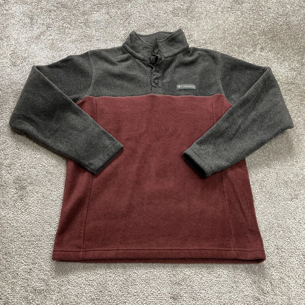 Columbia Steens Mountain Fleece Jacket Mens Small Brown Gray 1/4 Snap Button Up
